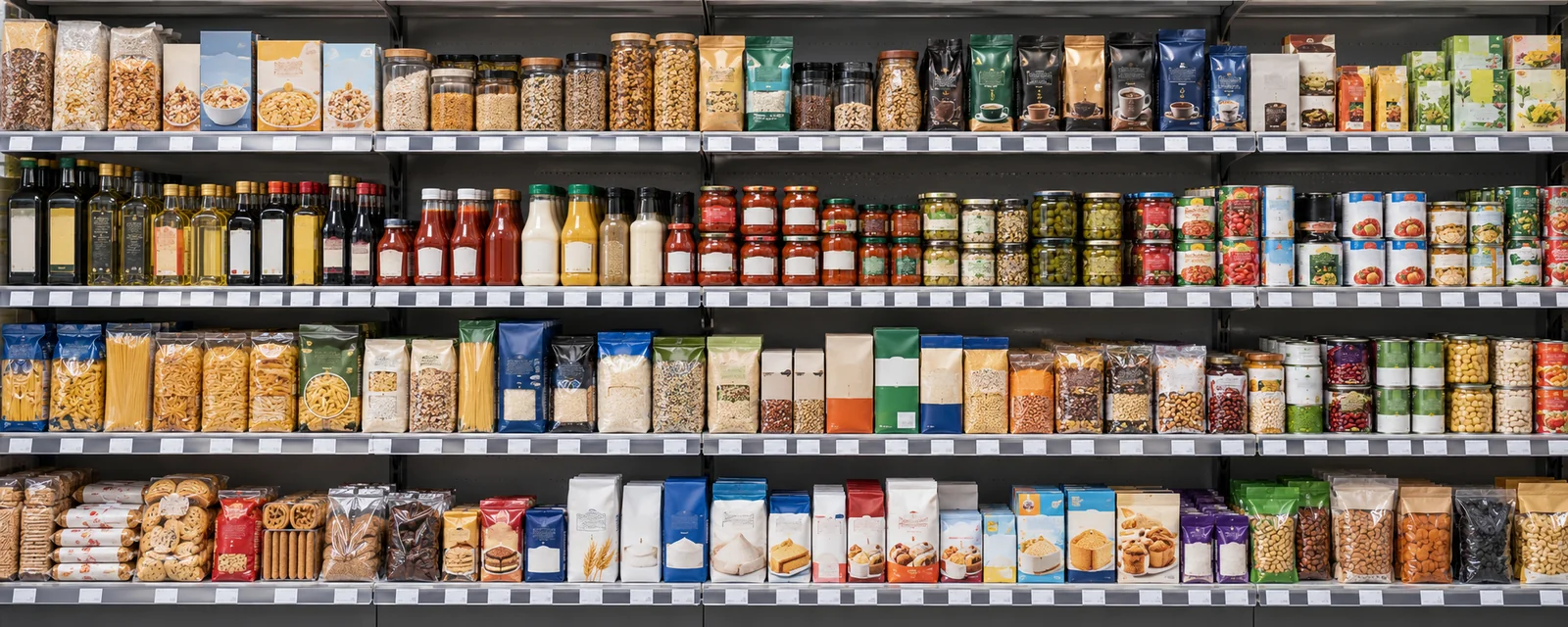 Concept scene of densely stocked grocery shelves with a paper price ticket for each product