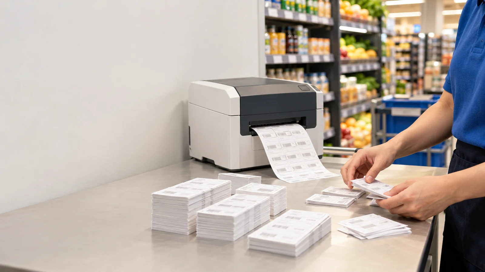 Concept scene of a printer producing paper price tickets while a store associate sorts stacks of labels