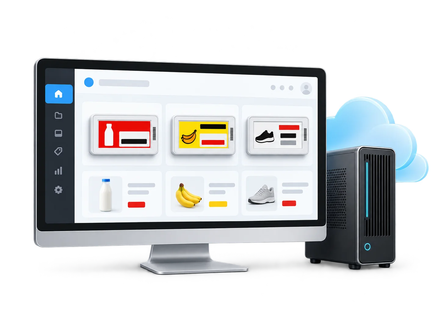 Concept illustration of an ESL template-management platform with server and cloud